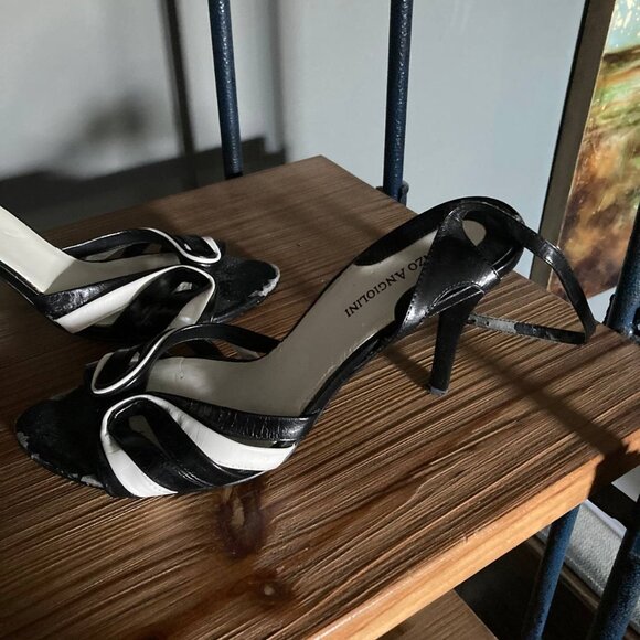 Enzo Angiolini Black and White Leather Open Peep Toe Pumps Size 10 - Picture 2 of 5